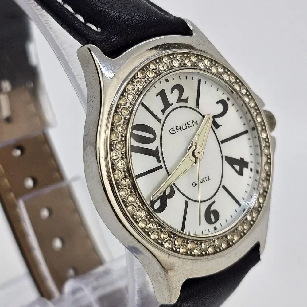 Gruen Women's Watch 36MM White Dial New Black White Leather Bands New‎ Battery